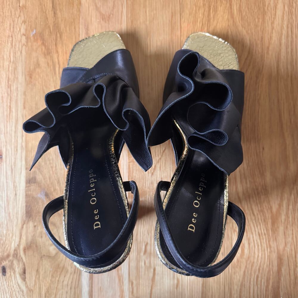 Dee Ocleppo Flutter Leather Ruffle Black Gold Open Toe Slingback Heel Size 10 - Picture 8 of 13